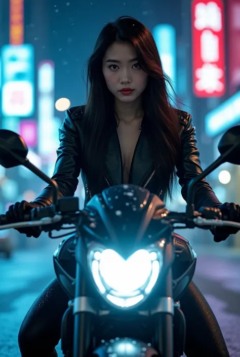 
 A young woman Beautiful Korean sitting on a sport bike ,  faces directly at the camera in the snowy middle of the night .  Her face had smooth features with large eyes and sharp expression ,  reflects an aura of confidence and mystery .  Her lips are sli...