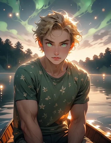  A twenty-year-old man with blond short hair,  placed in light waves .  His eyes are bright green , and his facial features are soft ,  with thin lips and a high forehead . . It, with relief presses and powerful biceps ,  without outerwear, sitting on a bo...