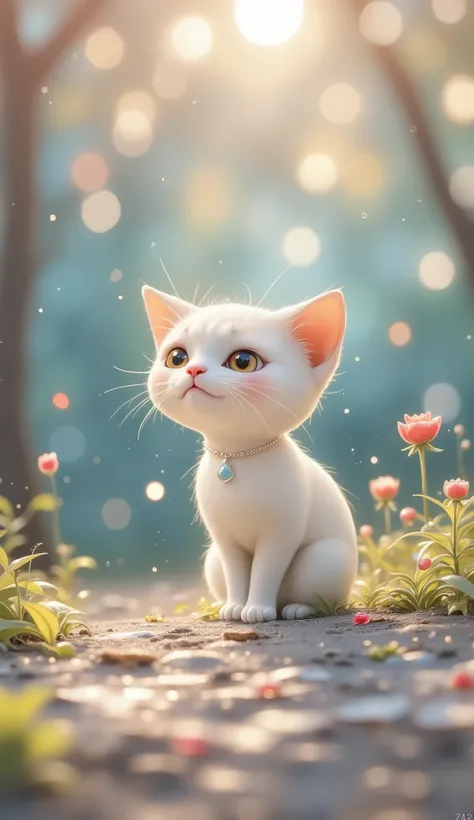 Big, bright morning sun 、 Sequins 、 beautiful sky studded with glitter、pink, light blue and orange gradation、Large cherry blossom trees 、 Fluttering Petals 、 beautiful cat looking up at the sky 、 no people 、