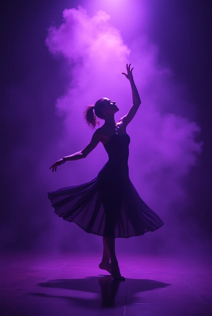 Woman in dance pose on a dark stage with purple light and smoke 