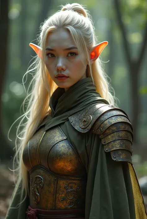 Upper body shot, Japanese woman, pointed elf ears, white skin, blonde hair, closed mouth, antique bronze armor, combat pose, dynamic pose, complex fantasy character, NSFW, cinematic lighting, fantasy, magic, detailed background, on a wooded battlefield, be...