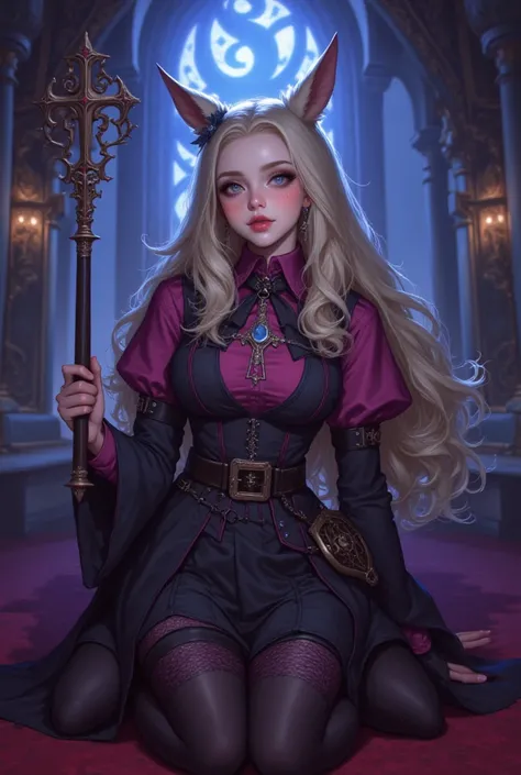 , 19 years old,female, light blue eyes, light blonde hair ,Long hair with a horse face, light skin with pink   ,   magical school dress, dark purple and color Black ,   background of mysterious magic castle ,4K,  cross arms, powerful magic wand  , semi-rea...