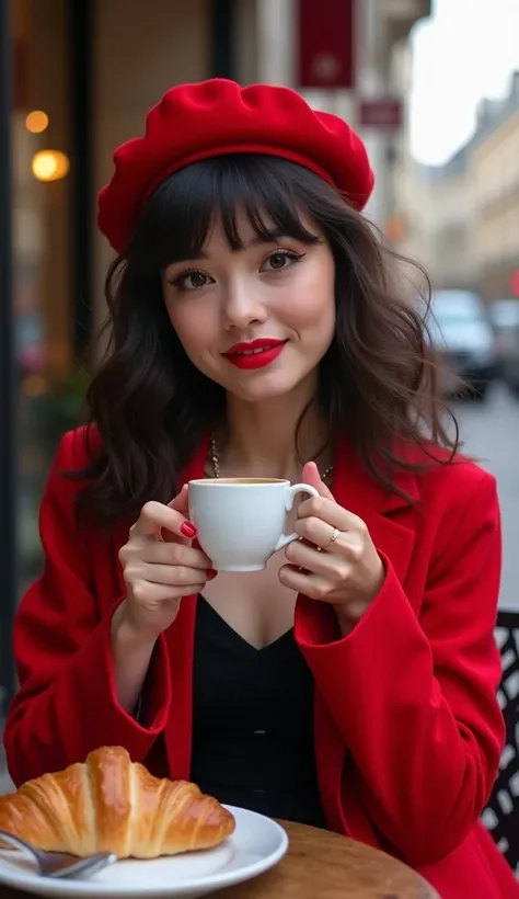 Beautiful dark brunette

Loli in Paris, she sits in a street coffee shop and eats a croissant with coffee, she is dressed in a red beret, a black dress, a red coat, everyday makeup with red lipstick