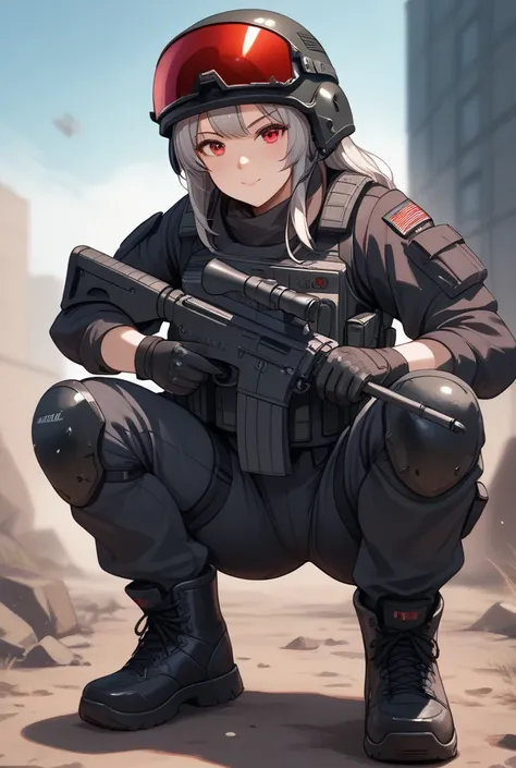 Anime girl, dark grey long hair with wolf style, wolf ear red growing gear halo, red eye growing like demon, wear bulletproof helmet and red goggle, black tactical shirts, bulletproof armoured, black gloves, black tactical pant, combat boots, holding tacti...