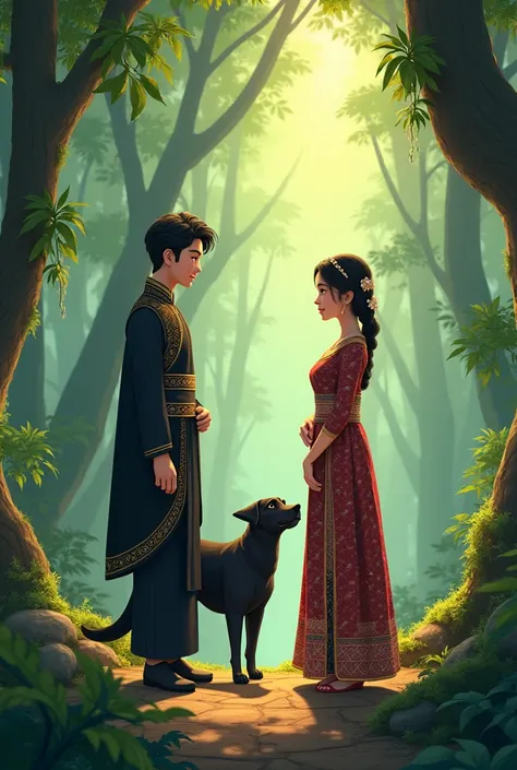 Create an animation about a Sundanese royal teenager dressed in black and a Sundanese royal woman in Sundanese dress chatting in the forest and accompanied by a black dog