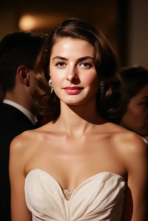 Portrait, front view,  watches viewers,  Ingrid Bergman,  (dark brown classic middle hair , pearl earrings and  neckless) , White evening dress,  background evening party,   night（super detailed, High Details , High Quality , Accurate, anatomically correct...