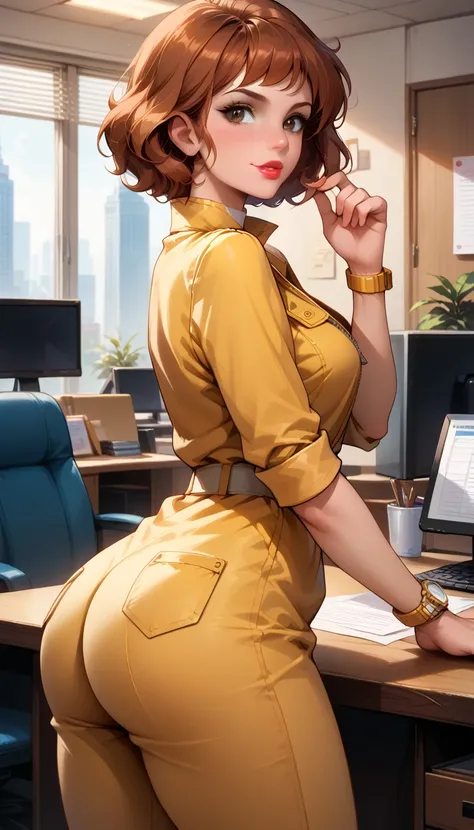 score_9, score_8_up, score_7_up, 1girl, solo, beautiful waifu, sexy (april o'neil, short hair, brown hair, brown eyes, lips, lipstick:1.3), wearing (yellow jumpsuit, zipper, wristwatch, white belt:1.2), (plain choker:1.1), naturally curved, sexy thighs, nm...