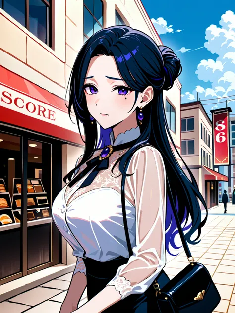 1girl, mature teacher, elegant lady, black beauty mark under left eye, beautiful, solo, white plain button blouse, see through blouse, brooch, black ribbons, one black shoulder bag, zoom in, up close, upper body, above waist, black hair, long hair in a bun...