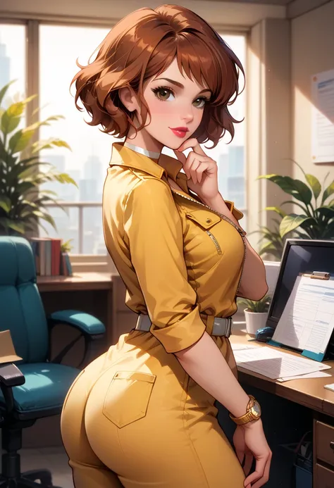 score_9, score_8_up, score_7_up, 1girl, solo, beautiful waifu, sexy (april o'neil, short hair, brown hair, brown eyes, lips, lipstick:1.3), wearing (yellow jumpsuit, zipper, wristwatch, white belt:1.2), (plain choker:1.1), naturally curved, sexy thighs, nm...