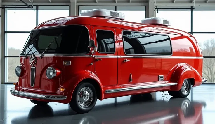 A futuristic, retro-styled Kenworth Airstream Basecamp camper van with a sleek, glossy red aluminum body, parked indoors in a well-lit showroom. The vehicle has a curved aerodynamic shape, large panoramic windows with black tint, and a bold Kenworth logo o...