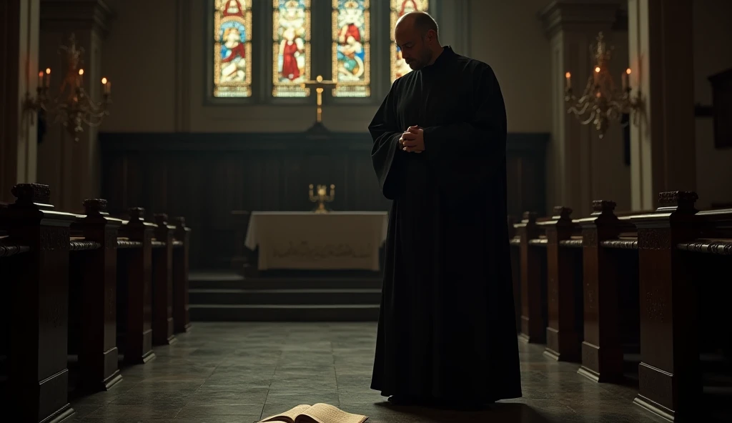 A priest dressed in black robes was standing in the church looking at the Quran on the floor of the church