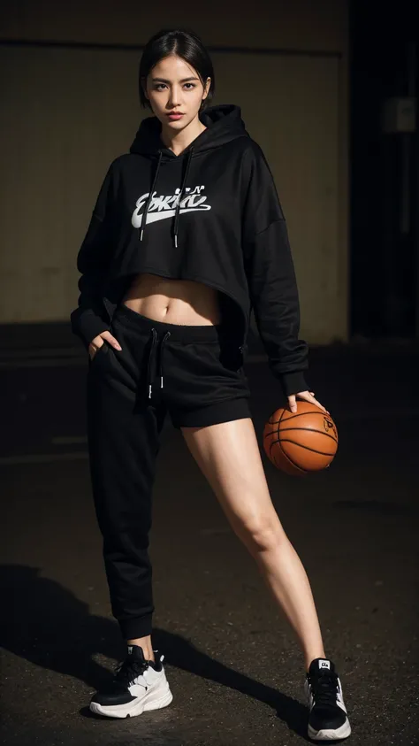 solo,  anatomically correct, woman、 belly short hair with a center split in the center 、 wearing a black hoodie and a hood、Jordan's basketball shoes 、 black pants 、4K、 street art written on it 、 looking at the camera、 high resolution,  Masterpiece,  top qu...