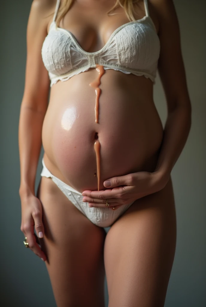 Show a pregnant woman standing up and liquid leak out her vagina