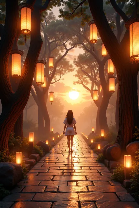 A breathtaking entrance to a mystical zen festival, glowing paper lanterns hanging from ancient trees, a soft golden sunset reflecting on the peaceful stone pathway, the scent of incense in the air, dreamlike ambiance --ar 9:16 --v 6 --s 750