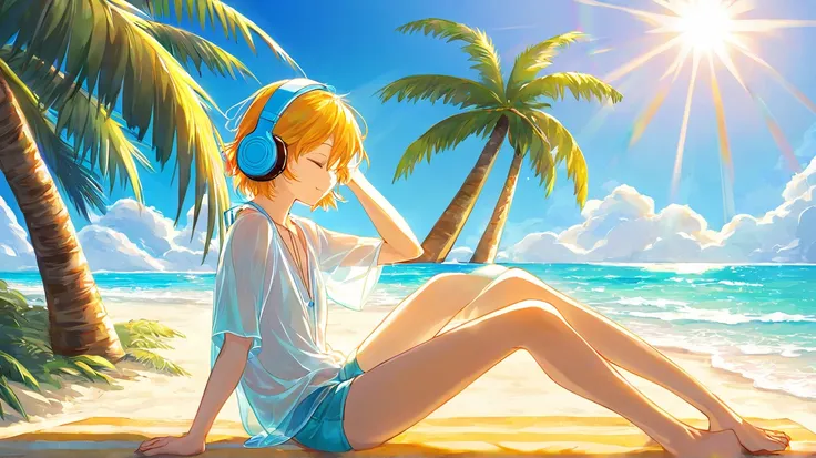 A young person relaxing on a tropical beach, wearing stylish headphones and enjoying music. The ocean waves gently touch the golden sand, and the bright sun shines in the clear blue sky. Palm trees sway in the breeze, creating a peaceful yet energetic summ...