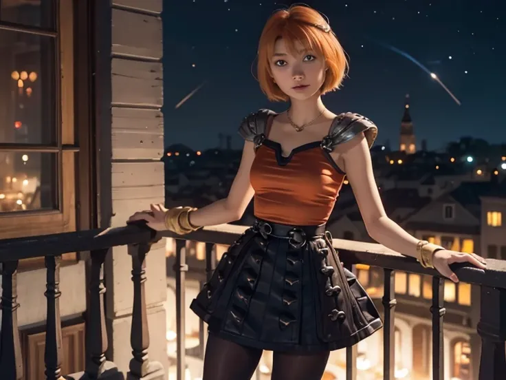 Astrid ,  short hair,  orange hair,  Thin body ,  small bust, mini falda,  pretty legs,  black tights , open hands, balcony,   at night, shooting stars 