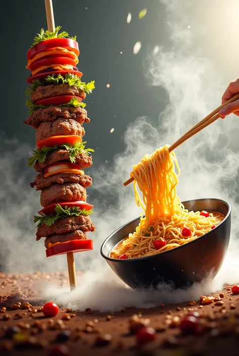 Could you create an image for me of a kebab fighting against ramen
