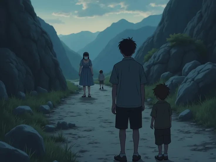 anime style with a boy and son and in the distance they have seen a woman having difficulty breathing with her son chin with a mask and bonnet in the bite and the road is rocky