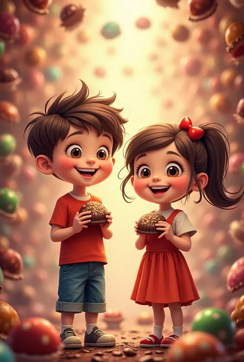 Write TAYI TAYI MUTTAYI  and one small boy and girl holding chocolate or candy in background lot of choclates  make a poster remove write from poster 