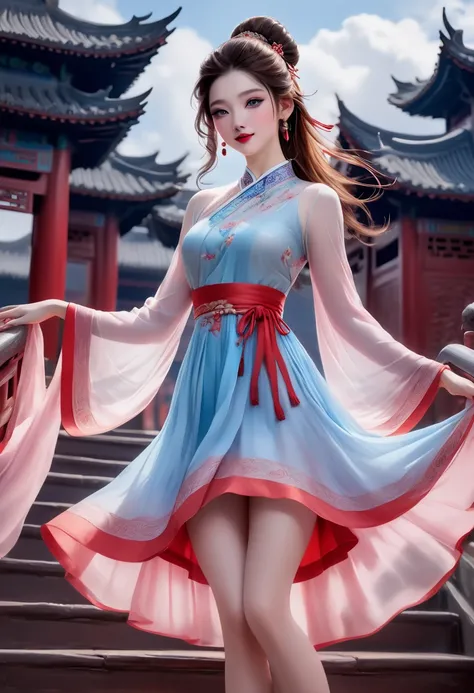 intense ink painting、 image of a dancer in a Chinese period movie、 darker makeup、 clear blue eyes 、 Perfect Face 、 cute girl、 petite and perfect style 、 white and pink see-through dress、 with red stairs in the back 、Round Stage、 jewelry、Long chestnut hair、...