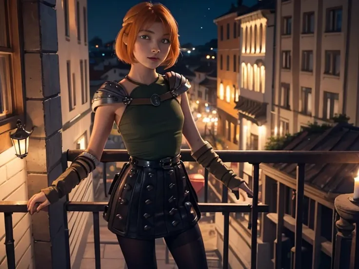 Astrid ,  short hair,  orange hair,  Thin body ,  small bust, mini falda,  pretty legs,  black tights , open hands, balcony,   at night, shooting stars 