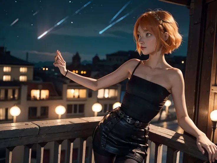 Astrid ,  short hair,  orange hair,  Thin body ,  small bust, short,  pretty legs,  black tights , open hands, balcony,   at night, shooting stars 