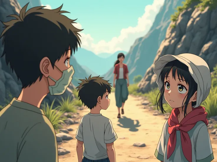 anime style with a boy and son and in the distance they have seen a woman struggling to breathe with her daughter wearing a mask and bonnet in the bite and the road is rocky and bright