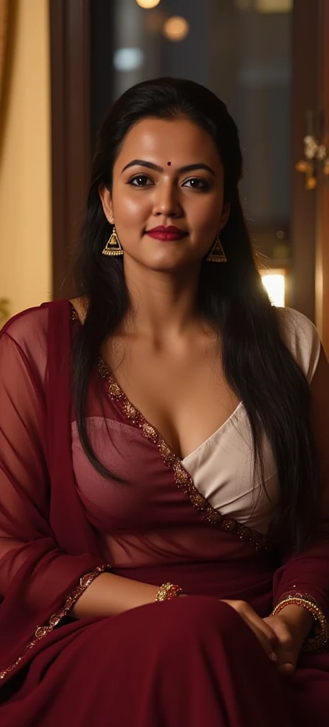 Photo of a Voluptuous Mature Indian Aunt, Wearing Thin Transparent wine maroon Saree with Transparent white Blouse, Large U Cut Cleavage Exposed through Unbuttoned Blouse unHooked, Sitting On Bed Looking at the Camera, long hair, most beautiful eyes, long ...