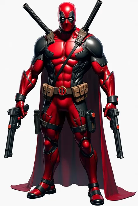 
"A full-body character wearing a Red Hood mask, holding Red Hood's guns in both hands, with Deadpool's swords on their back, Flash's logos on the suit, Spider-Man's web lines on the suit design, and Iron Man-like metallic armor."
