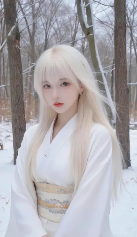 [[The background is a winter forest ]]、 It's snowing、Full body of a woman with long white hair wearing a white kimono,  beautiful young Japanese woman ,  gorgeous Japanese model ,  beautiful japanese woman,  Japanese Girls,  beautiful asian girl ,  lovely ...