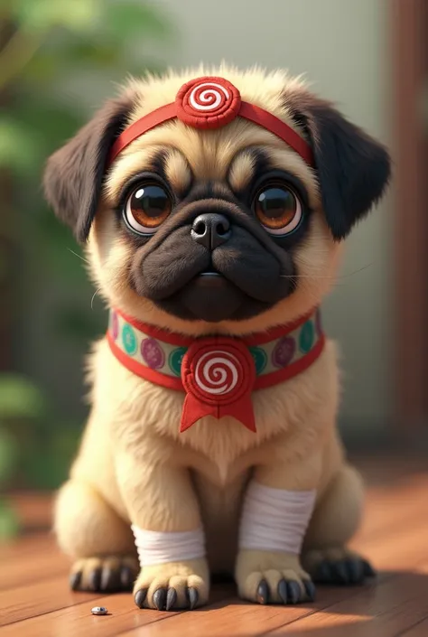 Akino realistic pug dog wearing the ribbon with the Uzumaki symbol on the head and bandages on one leg