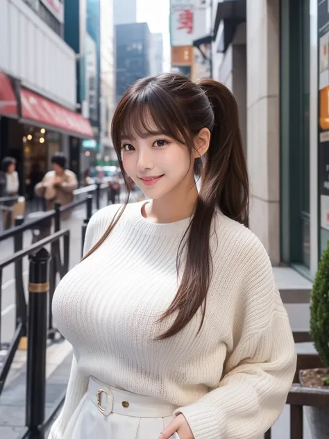  beautiful女性で、Large breasts are exposed, White knit, reveal,  Korean style beauty ,  long hair,  stylish,  Neat 、VERY BIG BIG BREASTS  :1.3、City、 wear clothes、 ponytail hair、Lower your bangs、 beautiful、 smiles