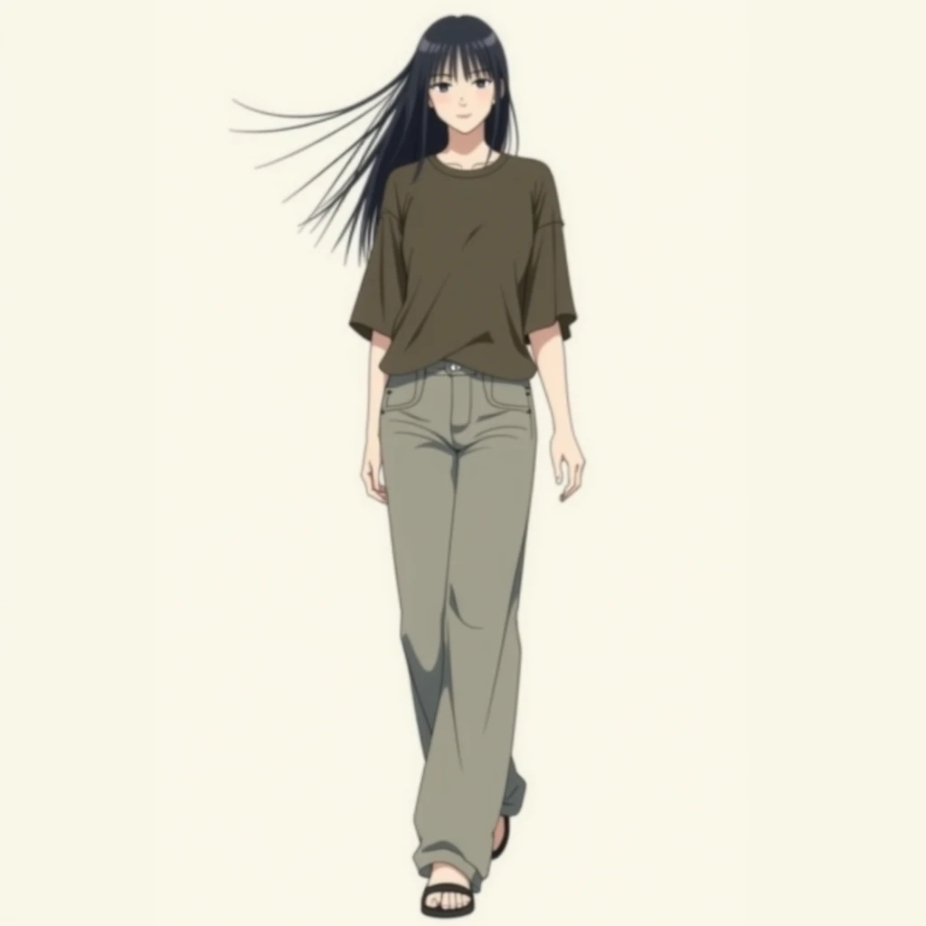 A simple drawn woman,  simple background,  standing picture,  black hair,  pants style,black and brown wind