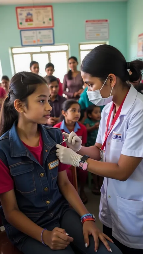 
"A healthcare worker in Nepal, wearing a medical uniform, administering an HPV vaccine to a young Nepali girl in a clinic. The girl, around 12-, sits calmly while receiving the shot. Other young girls and their parents wait in line in the background, show...