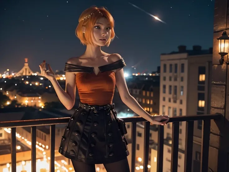 Astrid,  short hair,  orange hair,  Thin body ,  small bust, dress,  pretty legs,  black tights , hands up, balcony,  at night, shooting stars 