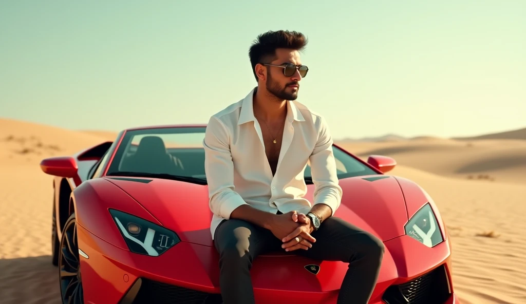  1 beautiful looking Indian men wearing white shirt and black jeans and sunglasses she is sitting on red colour Lamborghini in desert and Full picture realistic and 4k quality and cinematic 