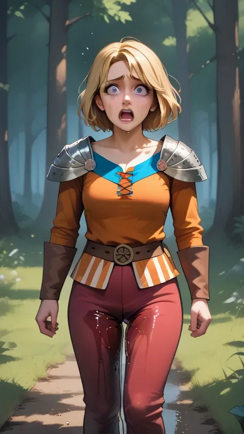 8k high resolution, best quality, dutch girl, 22 years old, short blonde hair, decent makeup, medieval fantasy, fancy knight armour, cowardly female knight, standing in forest, scared, shocked, crying in fear, tears running down her cheeks, smeared makeup,...