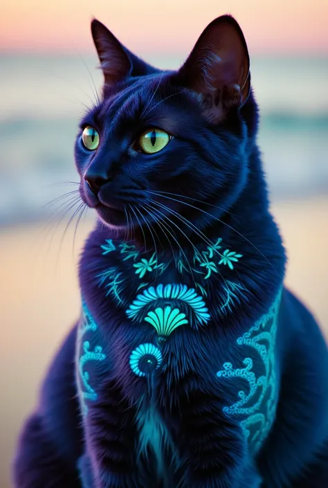 (best quality, 128k,highres,masterpiece:1.2),ultra-detailed,(realistic,photorealistic,photo-realistic:1.37), ((masterpiece)) ((photography)) ((Highest quality)) A **deep sapphire blue** cat with iridescent **turquoise tattoos** inspired by ocean waves and ...