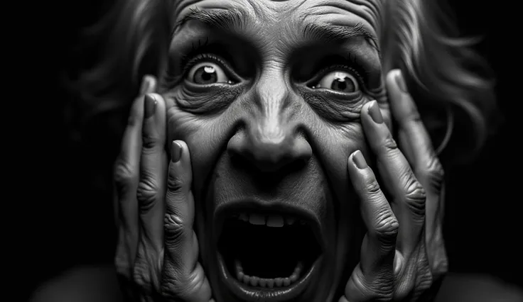 Extreme Close-up grayscale portrait, distressed expression, old person (ethnicity:1.2), (expression:1.2), (detailed facial features:1.3), (detailed skin texture:1.2), (open mouth, screaming:1.2), intense poping eyes (cracked, distressed:1.3), hands coverin...