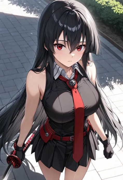 (masterpiece),(best quality),(ultra-detailed),(best illustration),(best shadow),(absurdres),(detailed background),(very aesthetic), perfect lighting,akame-illustxl, 1girl, long hair, black hair, red eyes, gloves, necktie, katana, very long hair, sleeveless...