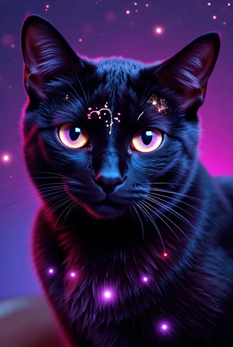 (best quality, 128k,highres,masterpiece:1.2),ultra-detailed,(realistic,photorealistic,photo-realistic:1.37), ((masterpiece)) ((photography)) ((Highest quality)) An ultra-detailed, hyper-realistic **galaxy-patterned cat** with **black and purple fur**, spec...