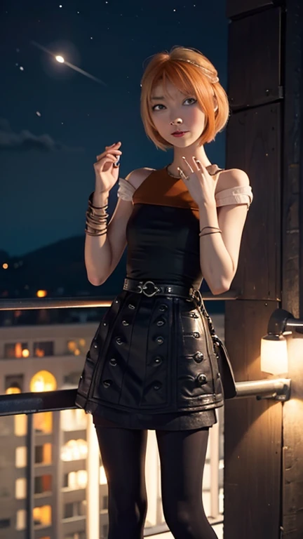 Astrid,  short hair,  orange hair,  Thin body ,  small bust, dress,  pretty legs,  black tights , hands up, balcony,  at night, shooting stars 