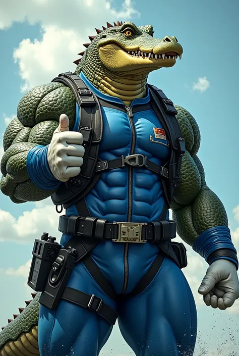 (A rugged beefy extremely muscular bulky smiling  crocodile man), (wearing blue fully-zipped fullbody wetsuit), thumbs up pose, wearing bulky harness, wearing bulky scuba gear, muscular physique, toned muscles, fierce, heroic, action, comic artstyle, bulky...