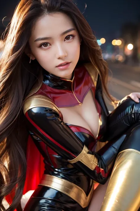 8k resolution,  exquisite facial features ,  perfect face,  Superman,   superhero , Star symbol on chest, Cape on the back, Forehead lines, Female figure,  beautiful woman, shiny skin,  high detail,  High Quality ,  pretty girl,  long golden hair,  tight l...