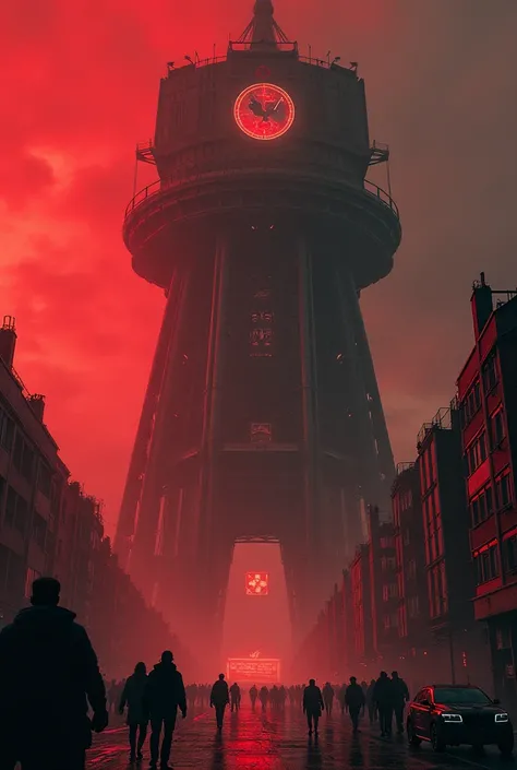 "A massive Nazi surveillance tower in the heart of a megacity, filled with cameras, robotic enforcers, and facial recognition systems scanning every citizen. The oppressive red lighting and towering propaganda screens make the atmosphere suffocating