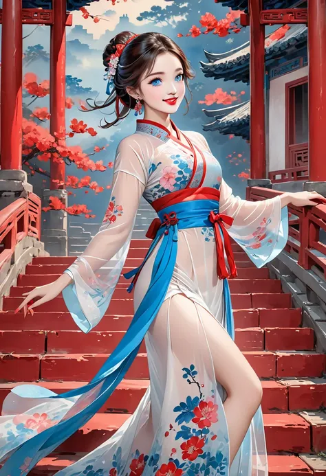 intense ink painting、 image of a dancer in a Chinese period movie、 darker makeup、 clear blue eyes 、 Perfect Face 、 cute girl、 petite and perfect style 、 white and pink see-through dress、 with red stairs in the back 、Round Stage、 jewelry、Long chestnut hair、...