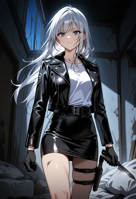 solo, alone, blue eyes, Black leather pencil skirt, long hair, silver hair, black gloves, dirty house room, long sleeves, bare legs, right thigh holster, night background, white t shirt, knife, long hair, bang , black belt, standing , front view, scornful ...