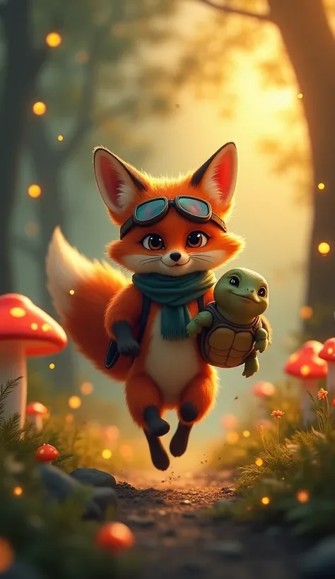 A determined, adventurous fox with a tiny scarf and goggles, running through a glowing enchanted forest. The fox carries a small, happy turtle on his back. The turtle holds onto the fox’s fur, looking excited. The background features magical floating firef...