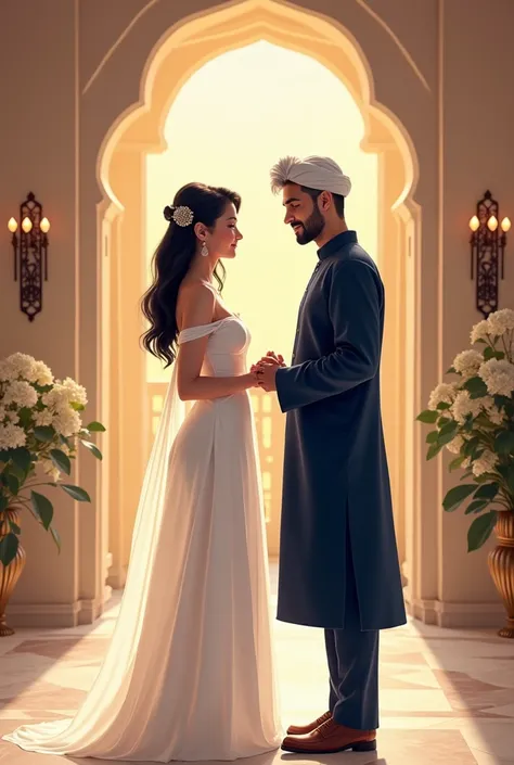 
"A beautiful young woman named Farah, approximately 175 cm tall and weighing around 60 kg, wearing a stunning white dress. She is standing next to a young man named Rashid, who is about 182 cm tall and weighs around 80 kg. Rashid has a mix of black and wh...