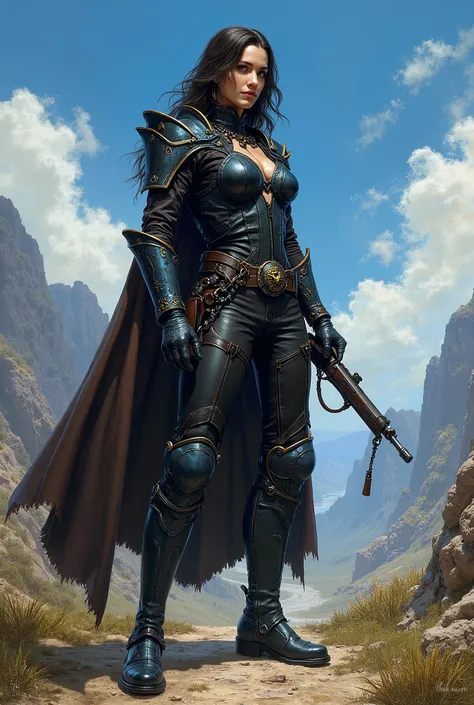 In RPG style, in style of Warhammer 40000: Rogue Trader, in style of fantasy painting. Full body view, looking at the viewer. Image of a female aristocrat psyker, holding sniper rifle. Tight dark leather armor with dark blue elements. Dark pants, dark leat...